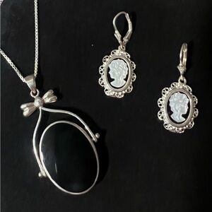 Vintage Silver and Black Onyx/Mother of Pearl Cameo Necklace and Earrings Set